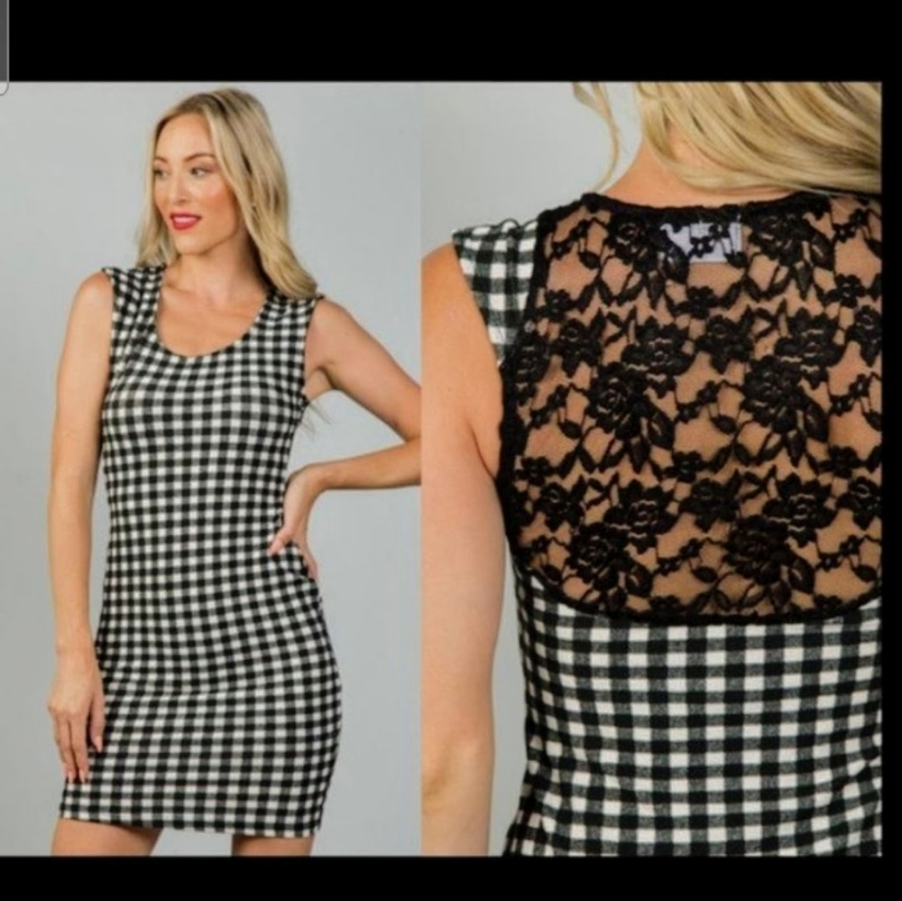 Hounds tooth with lace blocking not too mini dress